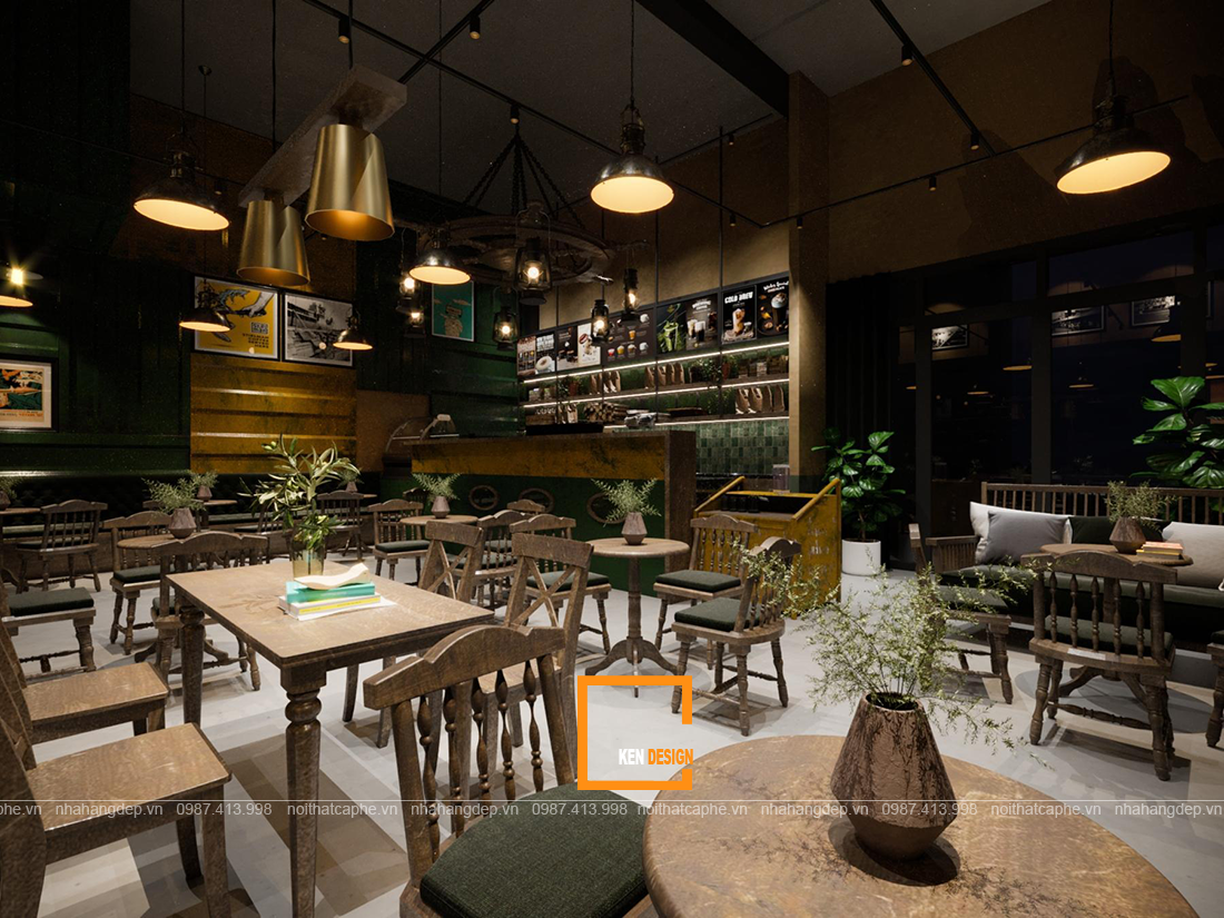Bản vẽ 3D không gian bên trong Buôn Cafe